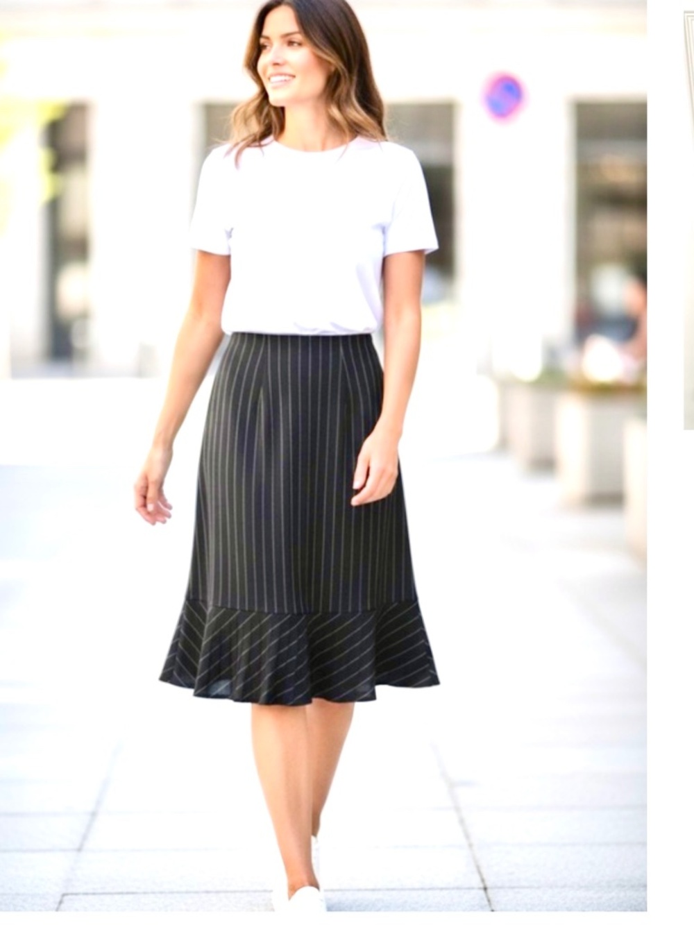 Peter Nygard Black Pinstripe Flounce Midi Skirt Size 6,size 6